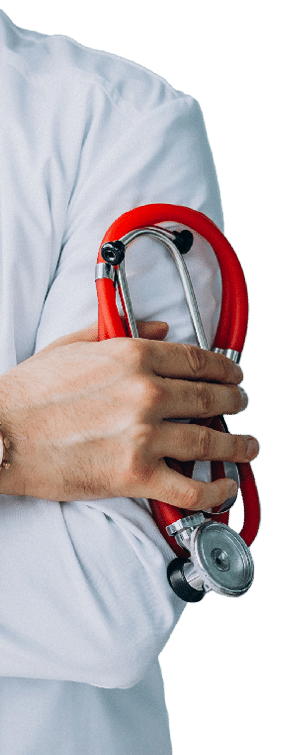 Young handsome physician in a medical robe with stethoscope